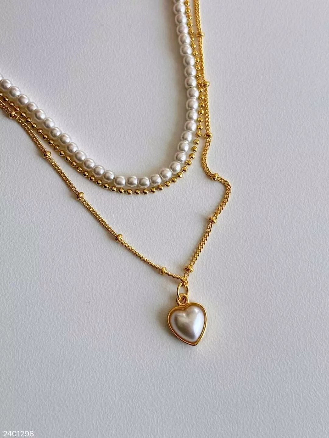 愛心吊墜珍珠兩件式項鍊 #2401298