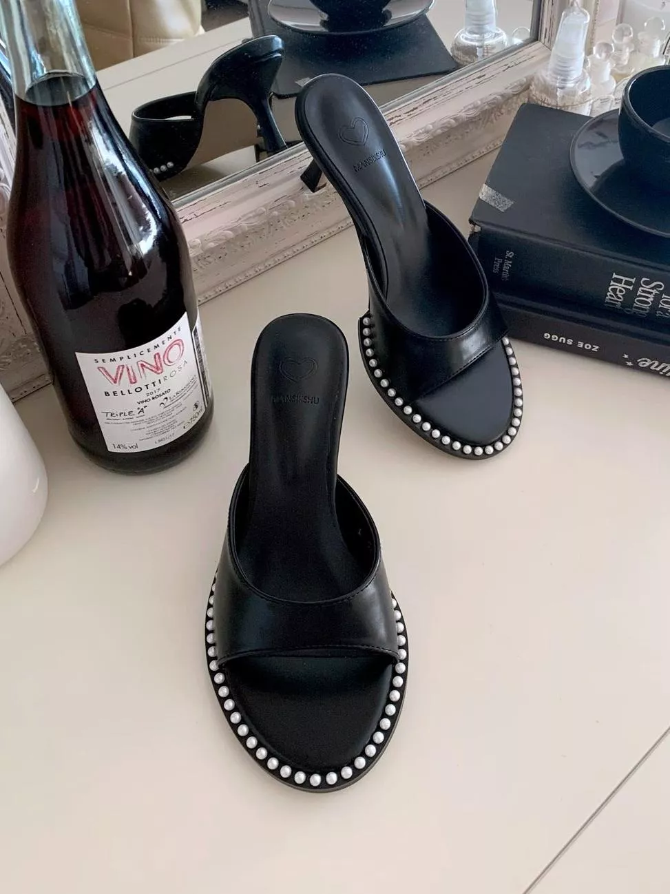 珍珠滾邊細高跟拖鞋 #3018