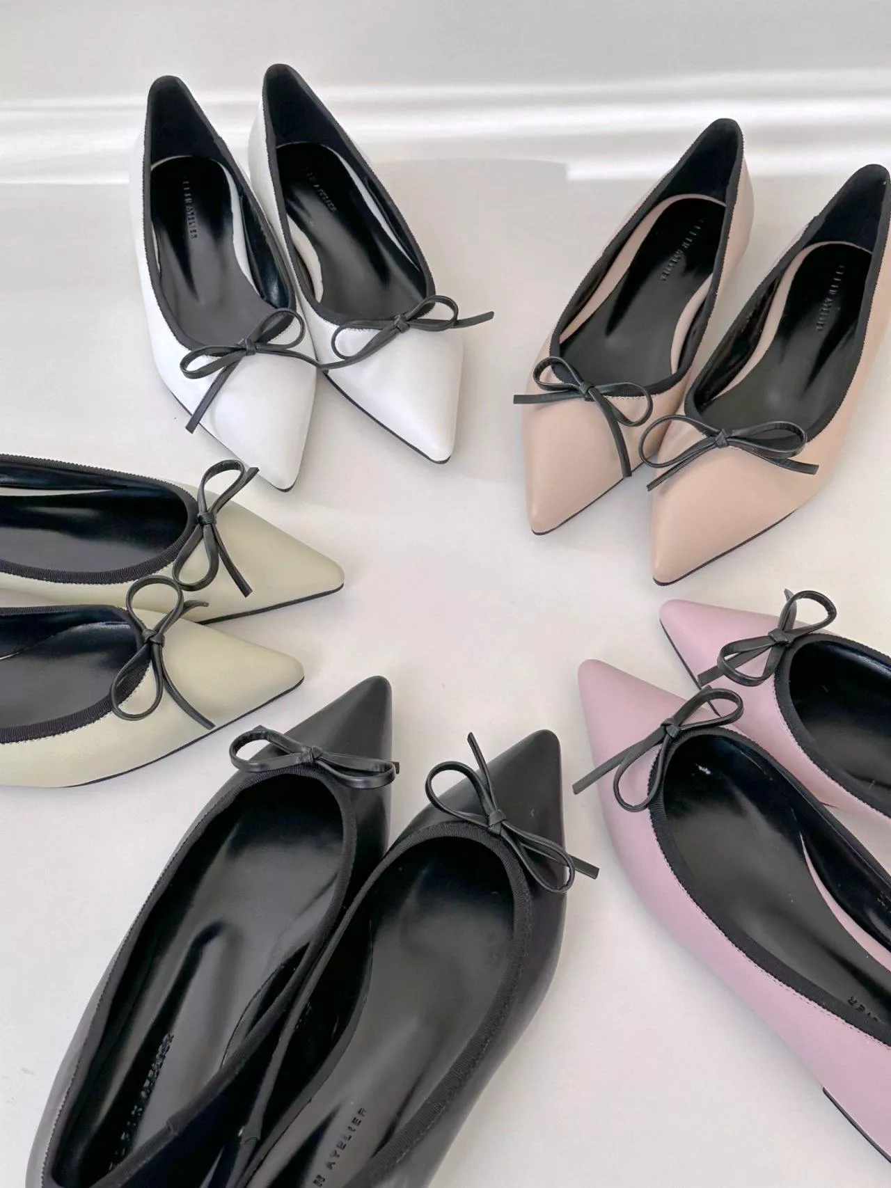 配色邊蝴蝶結尖頭平底鞋 #3073