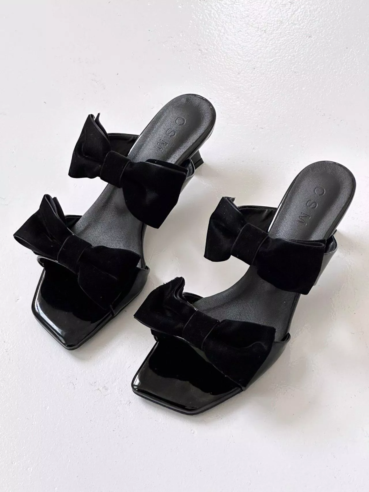 天鵝絨蝴蝶結方頭細跟拖鞋 #1158