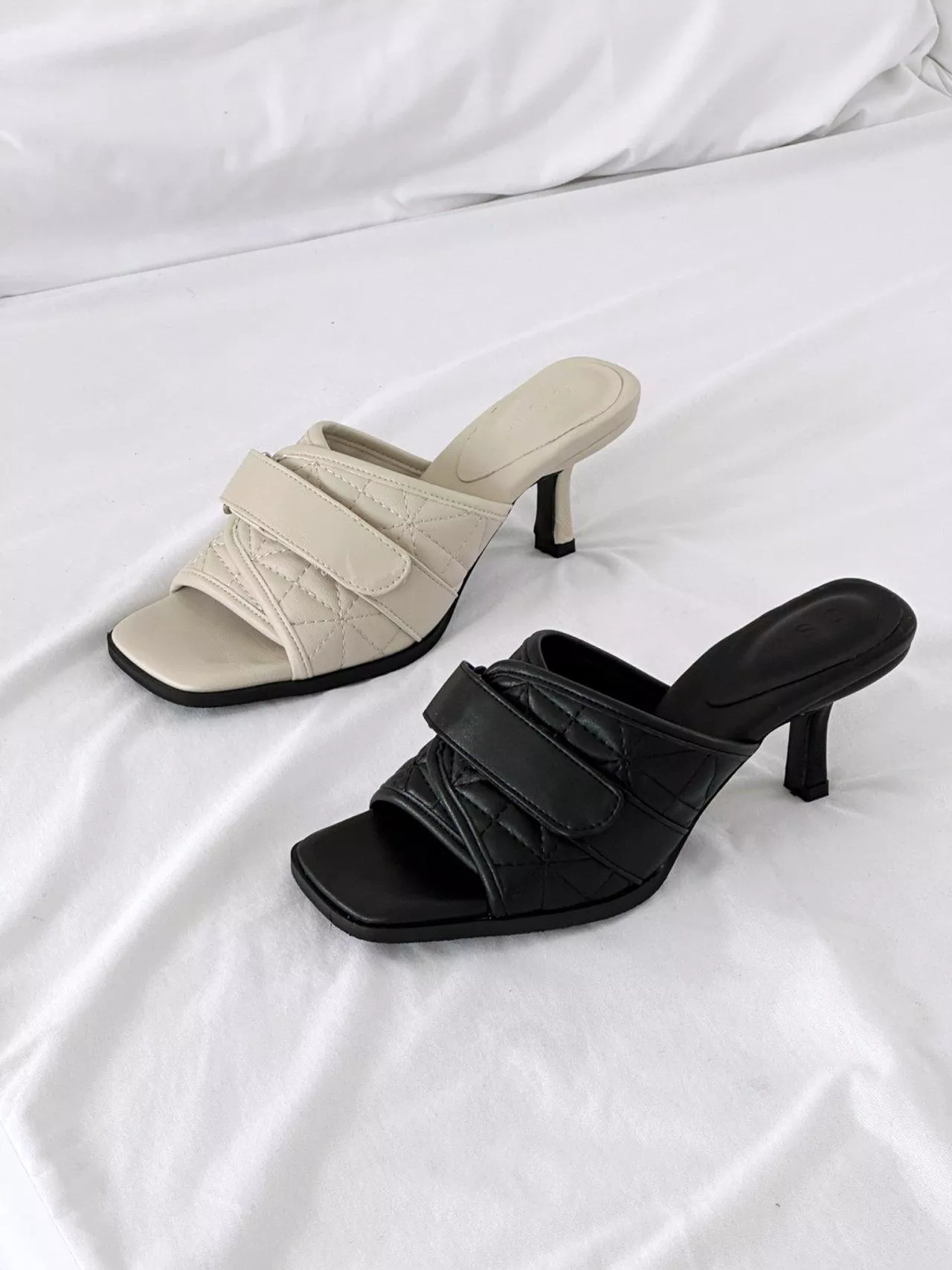 一字魔鬼氈上下覆蓋縫線高跟拖鞋 #1156