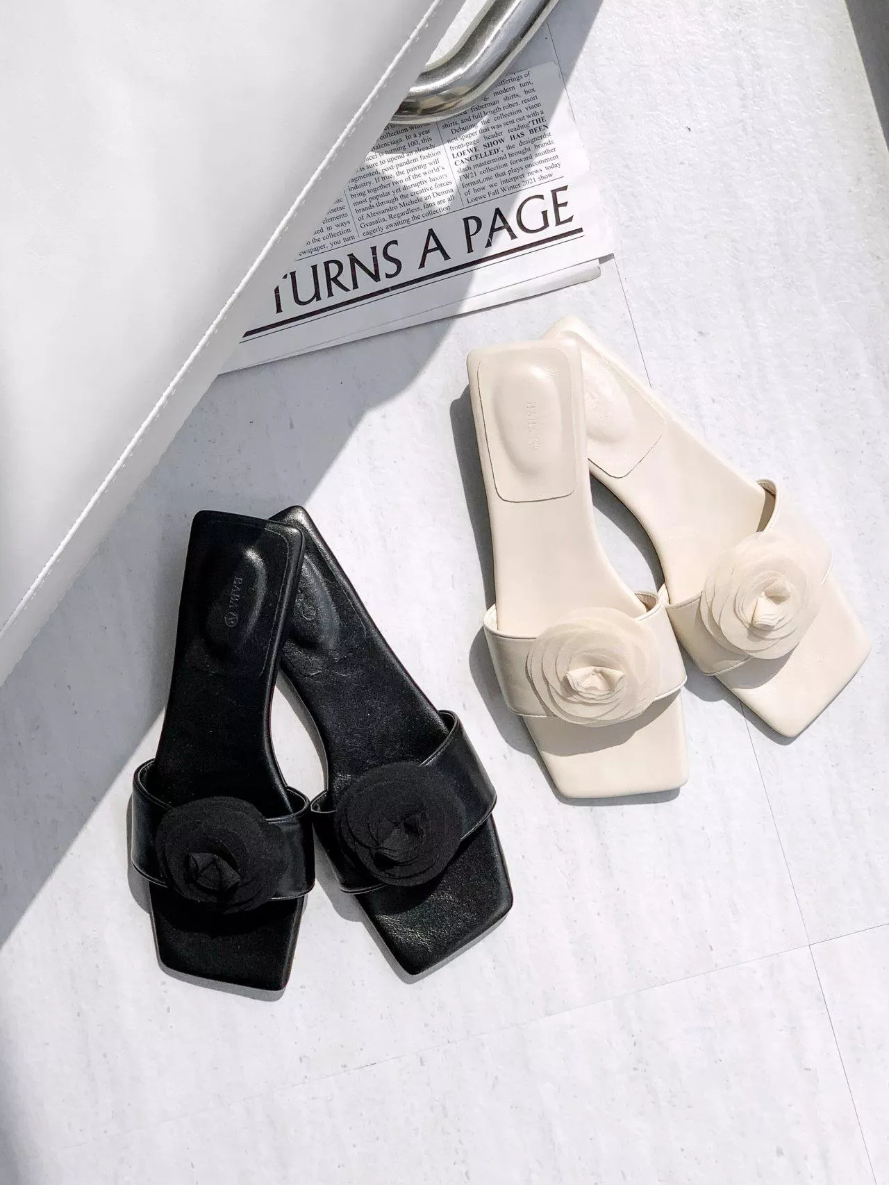 浪漫雪紡玫瑰花方頭拖鞋 #379