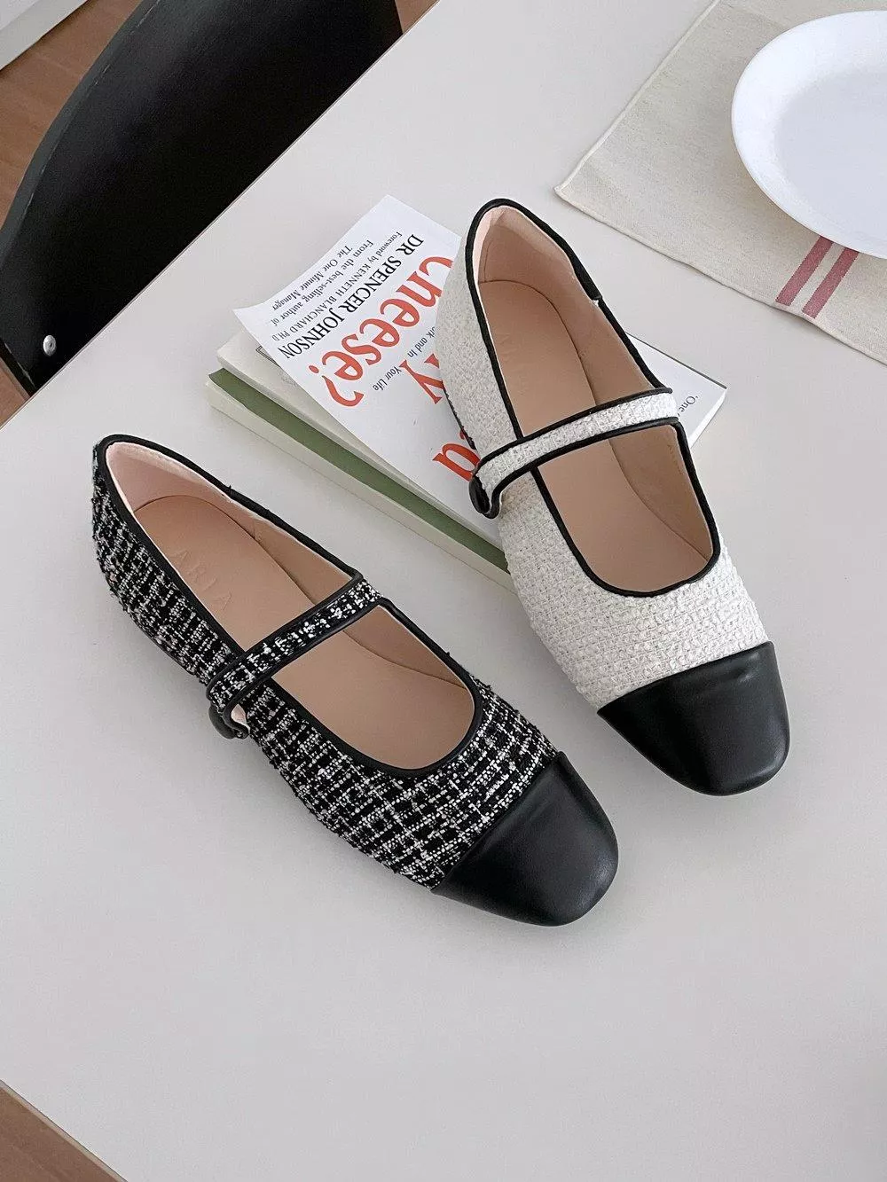 皮革拼接毛呢馬莉珍鞋 #2004