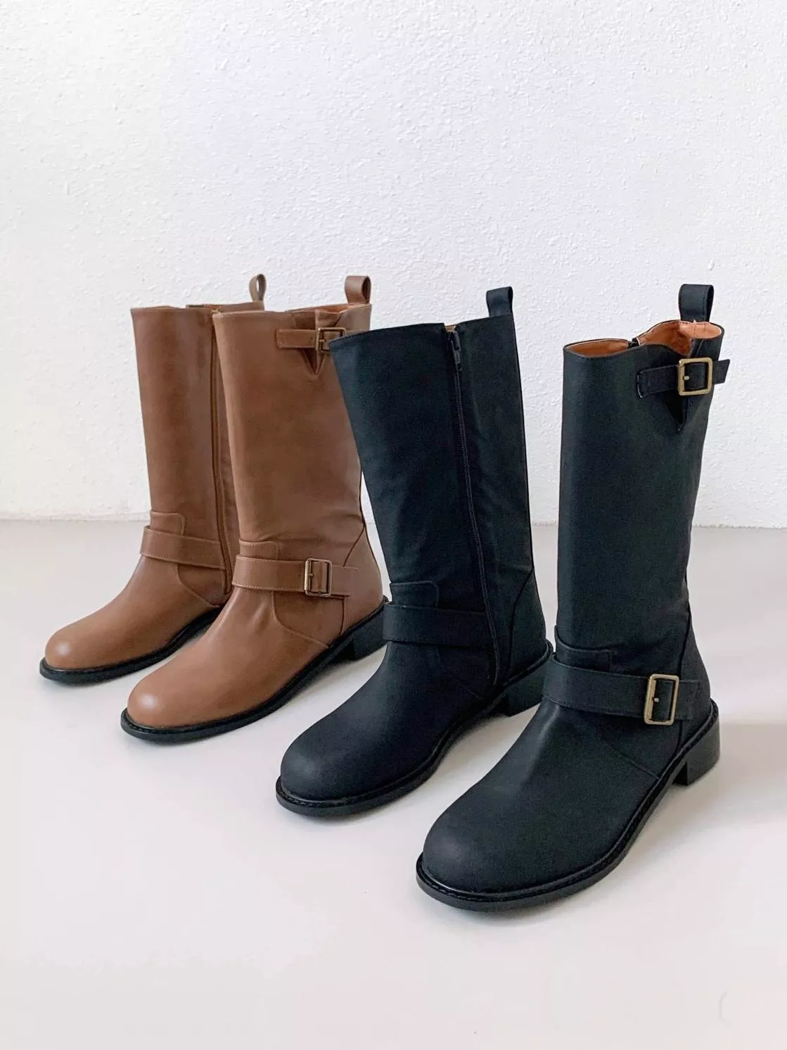 雙皮帶裝飾側拉鍊中筒靴 #3878