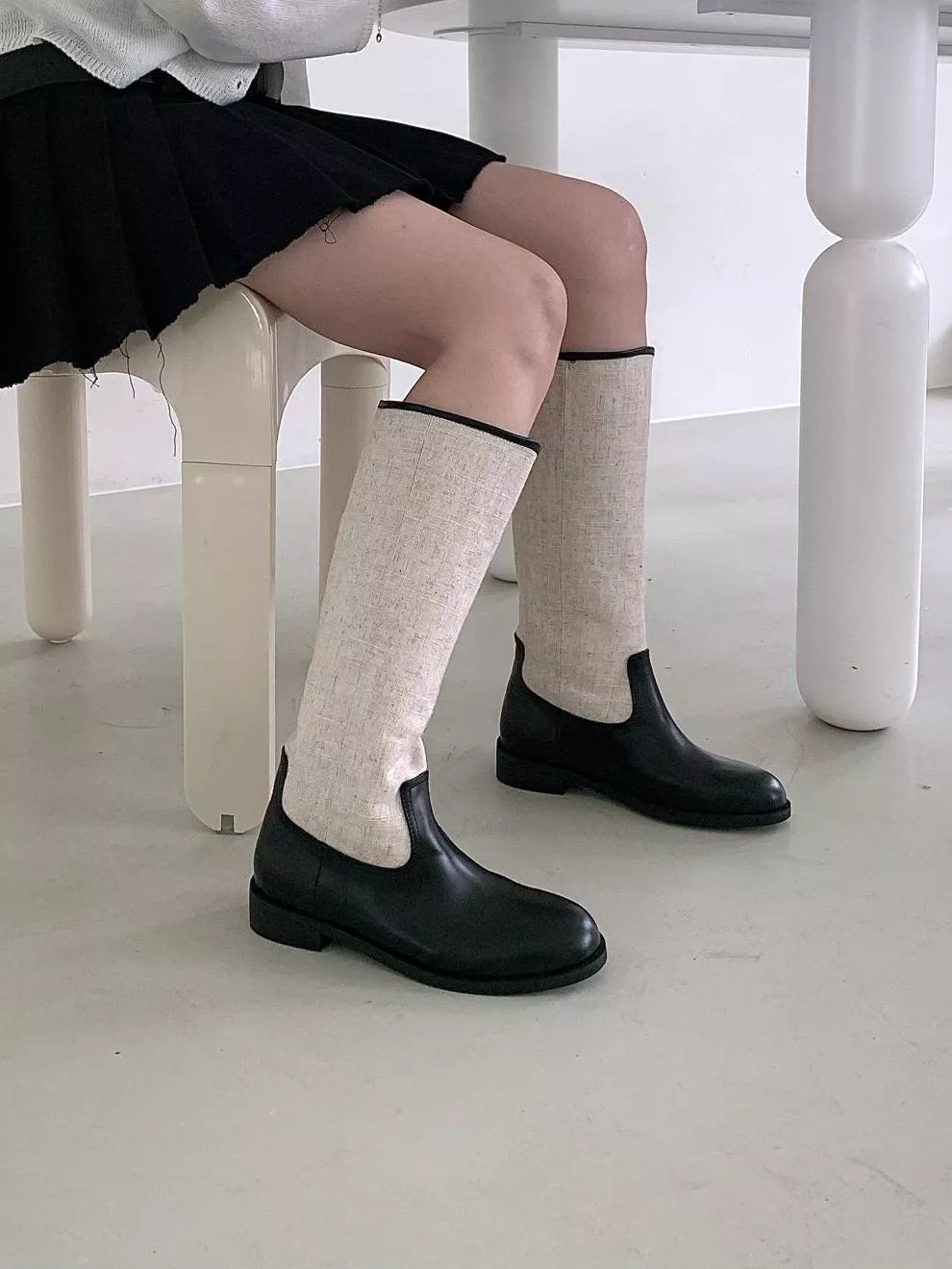 舒適好走英倫風亞麻拼色長靴 #2060