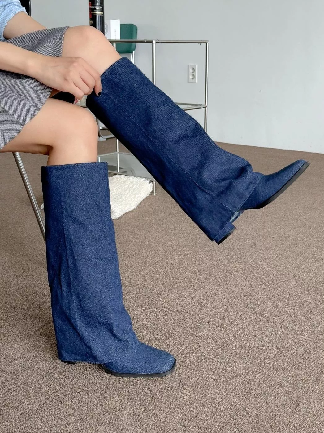 皺摺襪套式設計感方頭長靴 #662