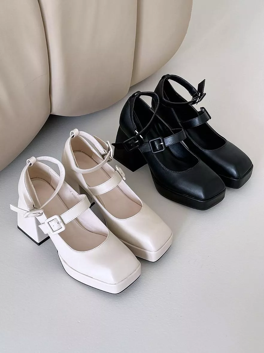 雙束帶防水台粗高跟鞋 #0307