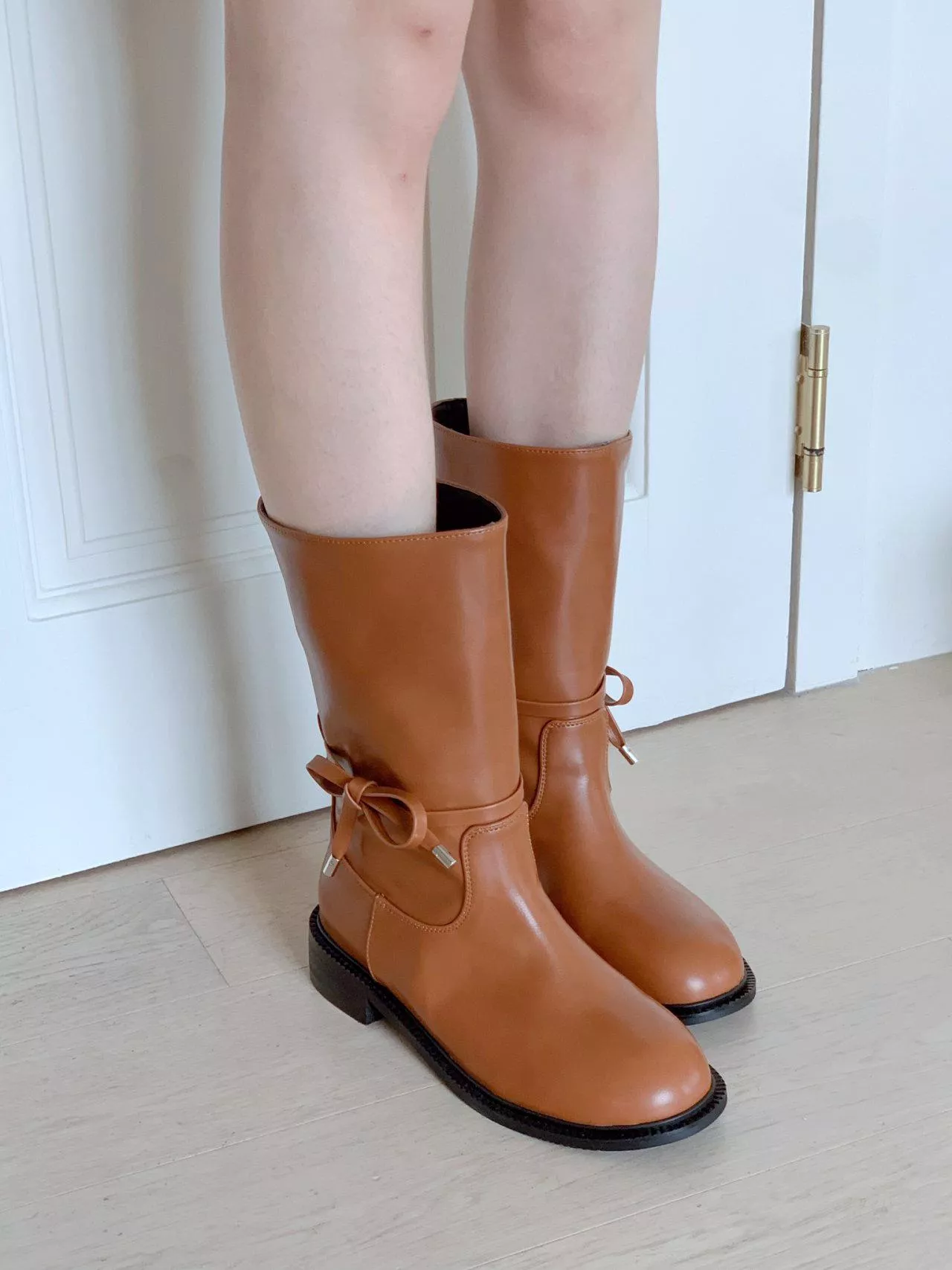 腳踝處蝴蝶結裝飾帶中筒靴 #592