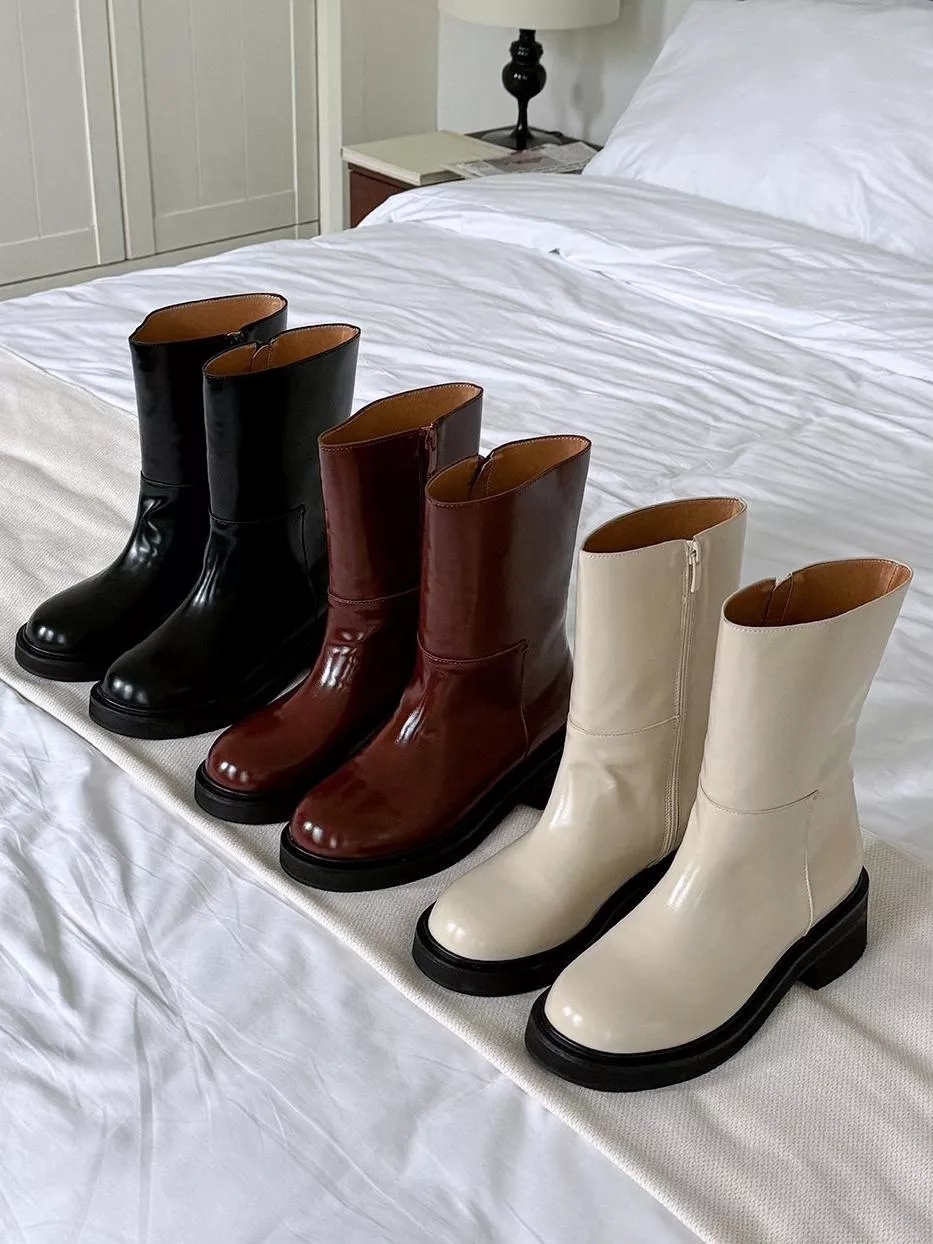 內側拉鍊圓頭中筒靴 #4144