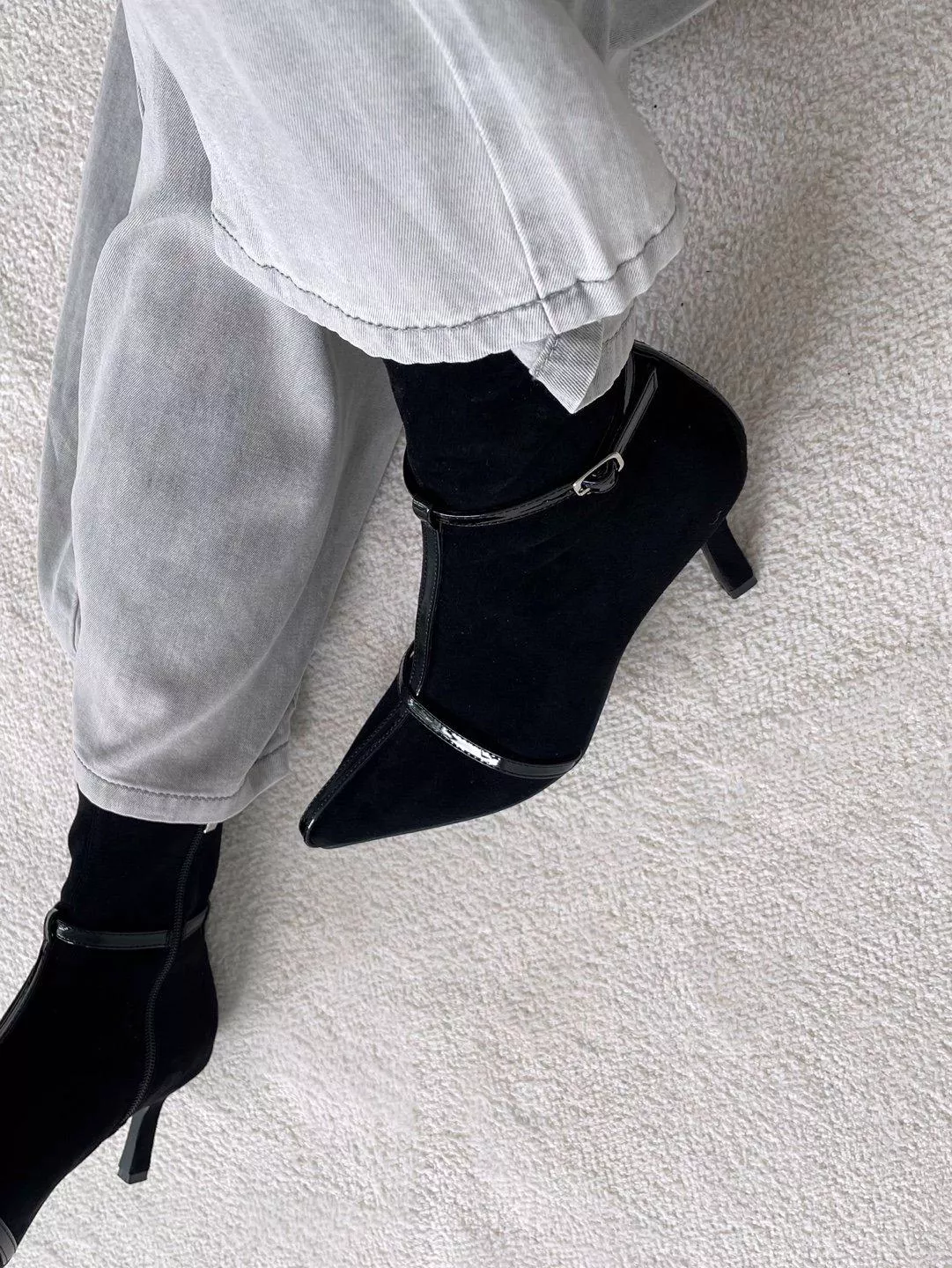 魚骨帶雙層設計感高跟短靴 #101