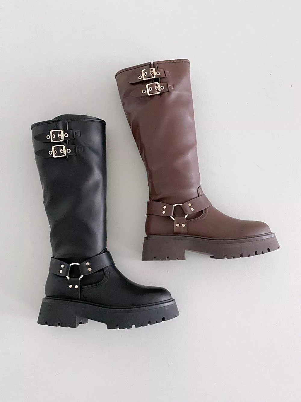 帥氣多皮帶裝飾牛皮長靴 #7002