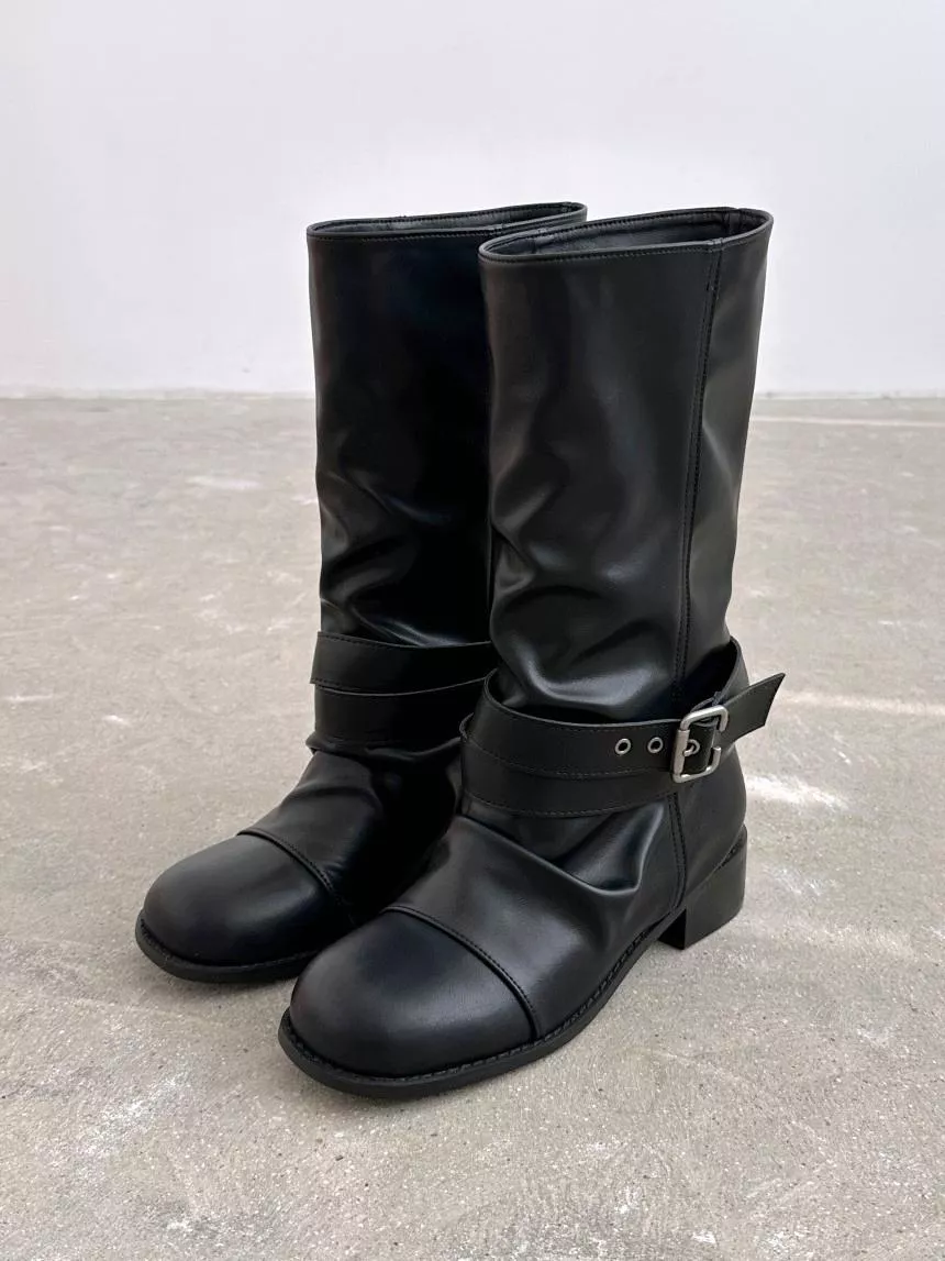 可拆卸皮帶裝飾中筒靴 #9482