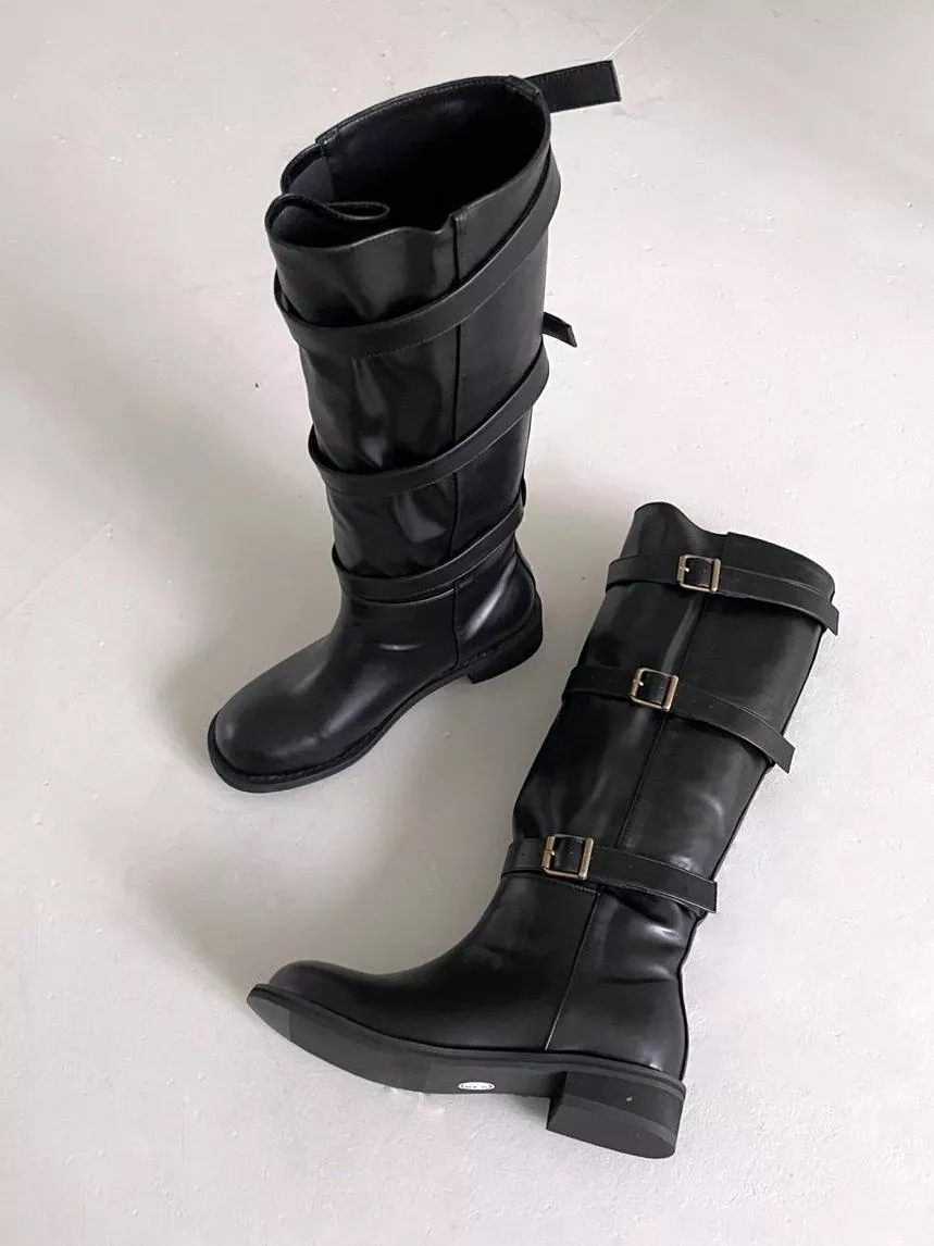 纏繞感皮帶裝飾騎士長靴 #0075