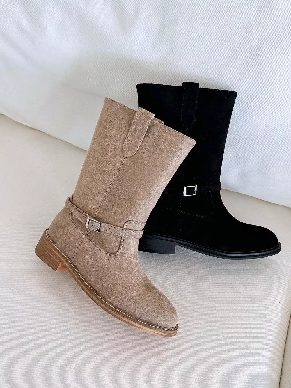 可拆卸皮帶麂皮中筒靴 #7023