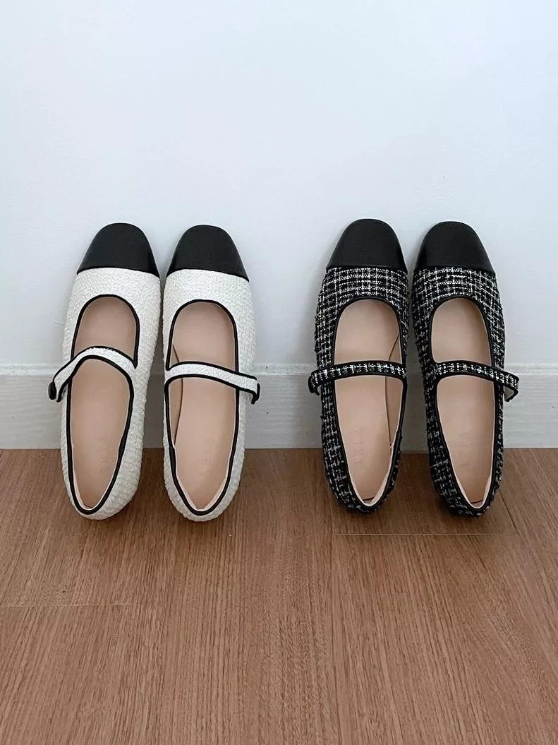 小香風皮質併接毛呢平底鞋 #2004