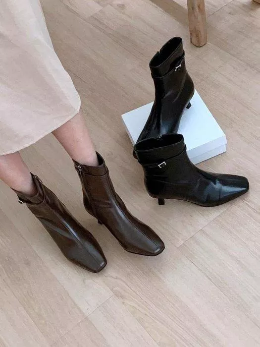皮帶裝飾細中跟短靴 #3015