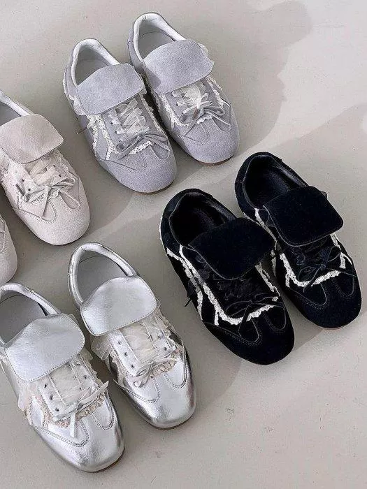 蕾絲邊歐根紗鞋帶牛皮外翻休閒鞋 #492