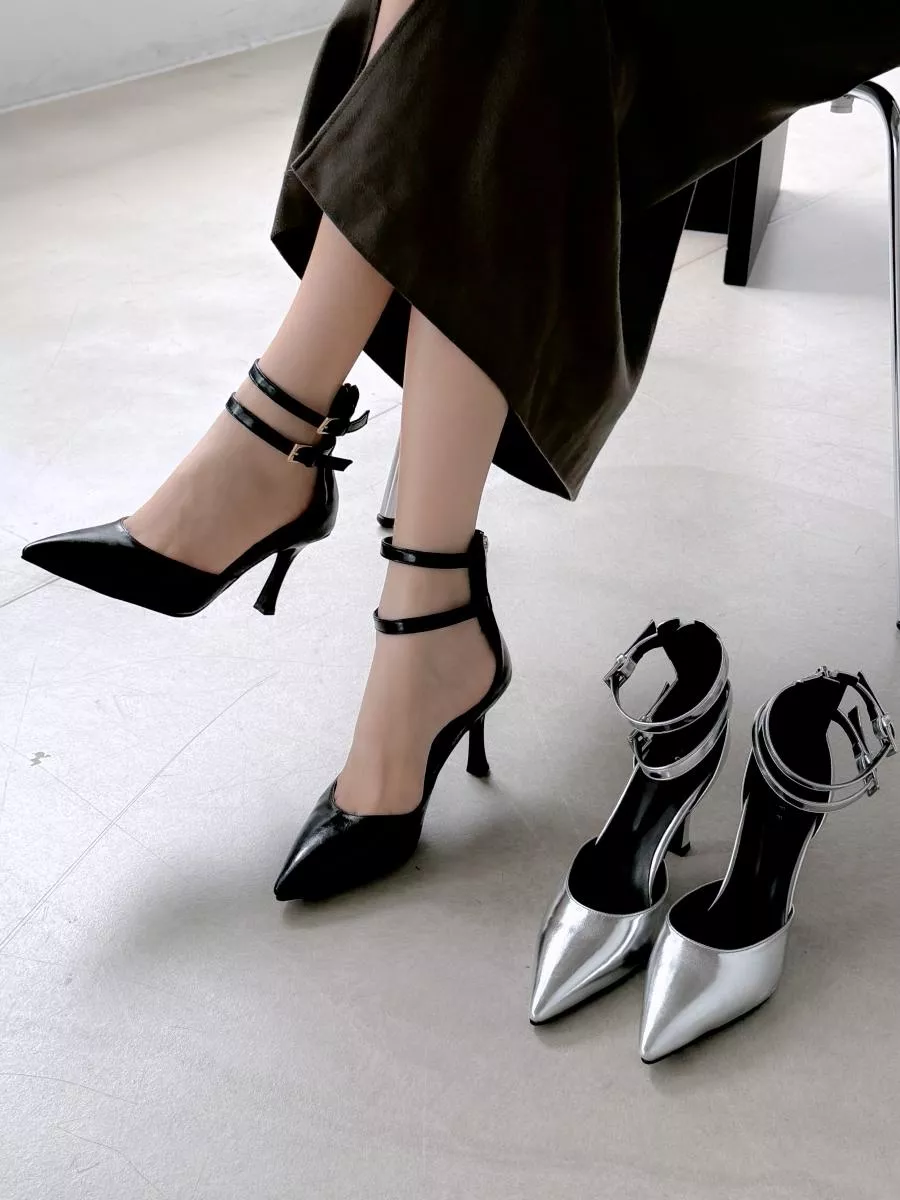 性感雙皮帶繞踝後拉鏈高跟鞋 #2454