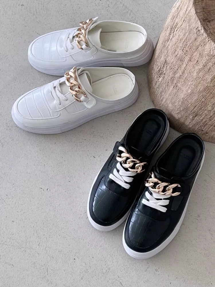 金色鏈條鱷魚紋休閒穆勒拖鞋 #946