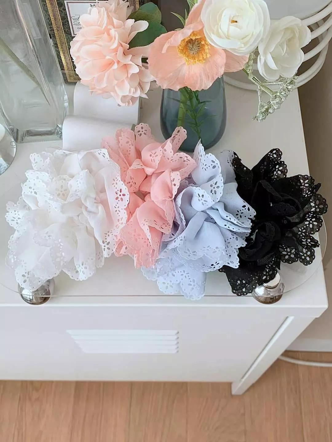 皺褶鏤空蕾絲繽紛色大腸髮圈 #H112