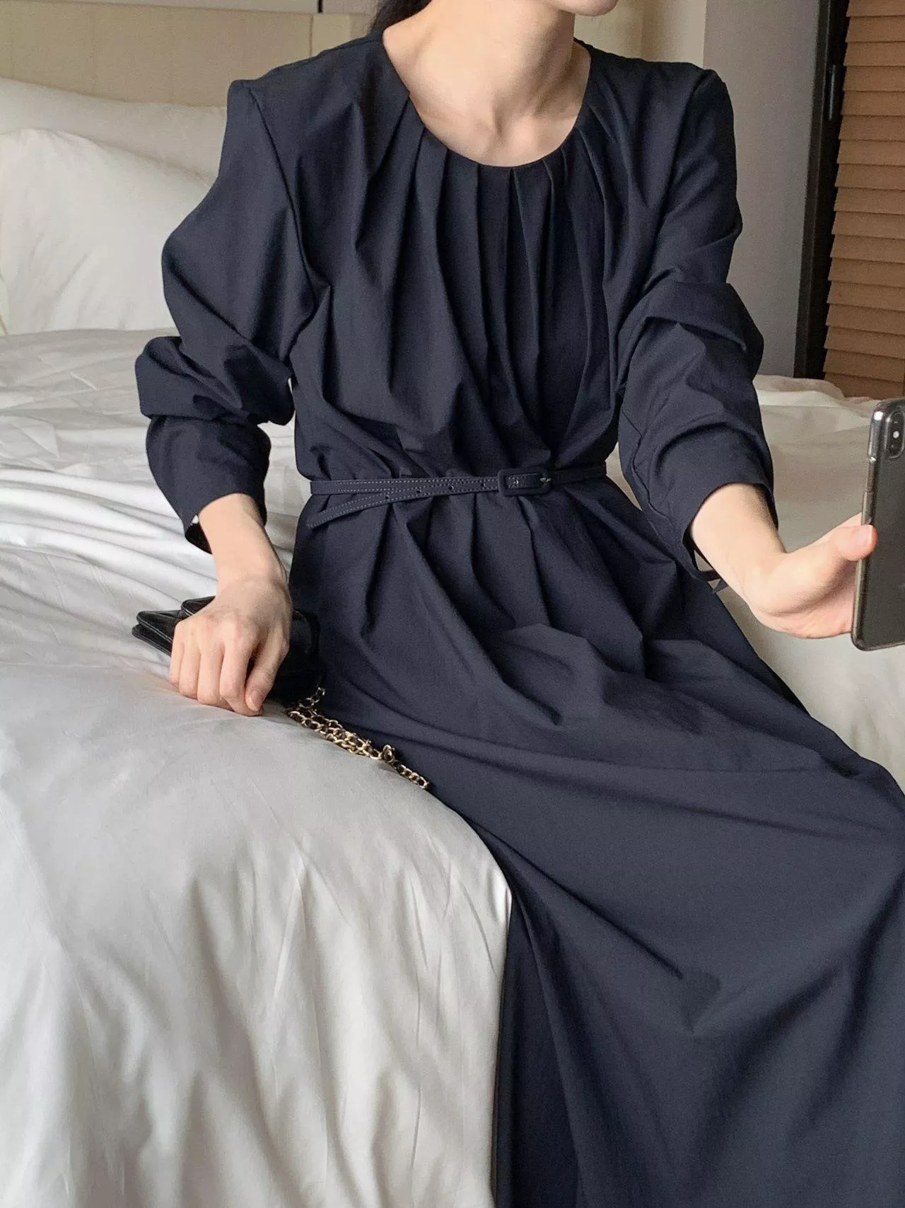 法式優雅壓褶附腰帶人造絲長洋裝 #97453764