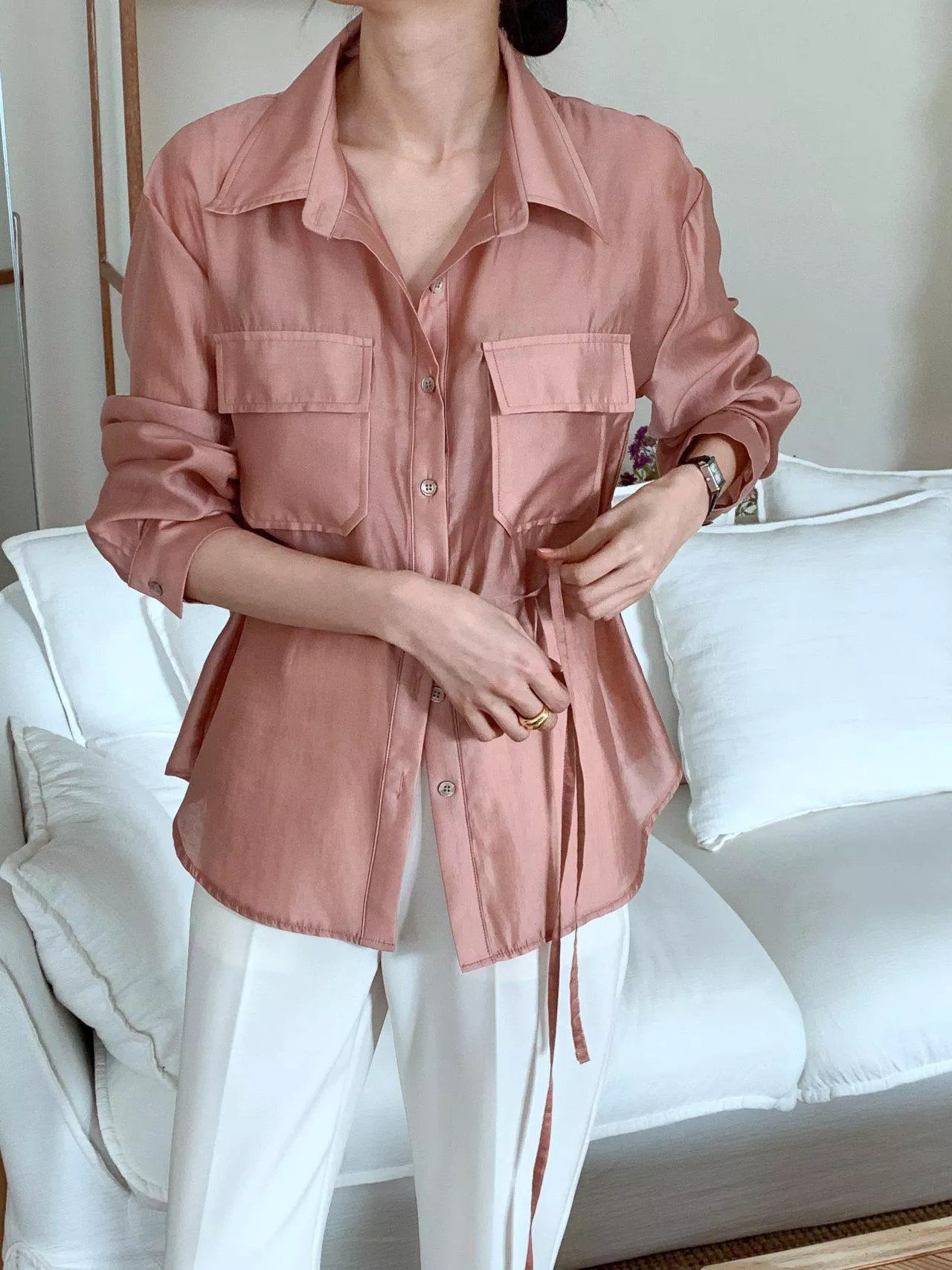 質感雙口袋天絲繫帶襯衫 #97537429