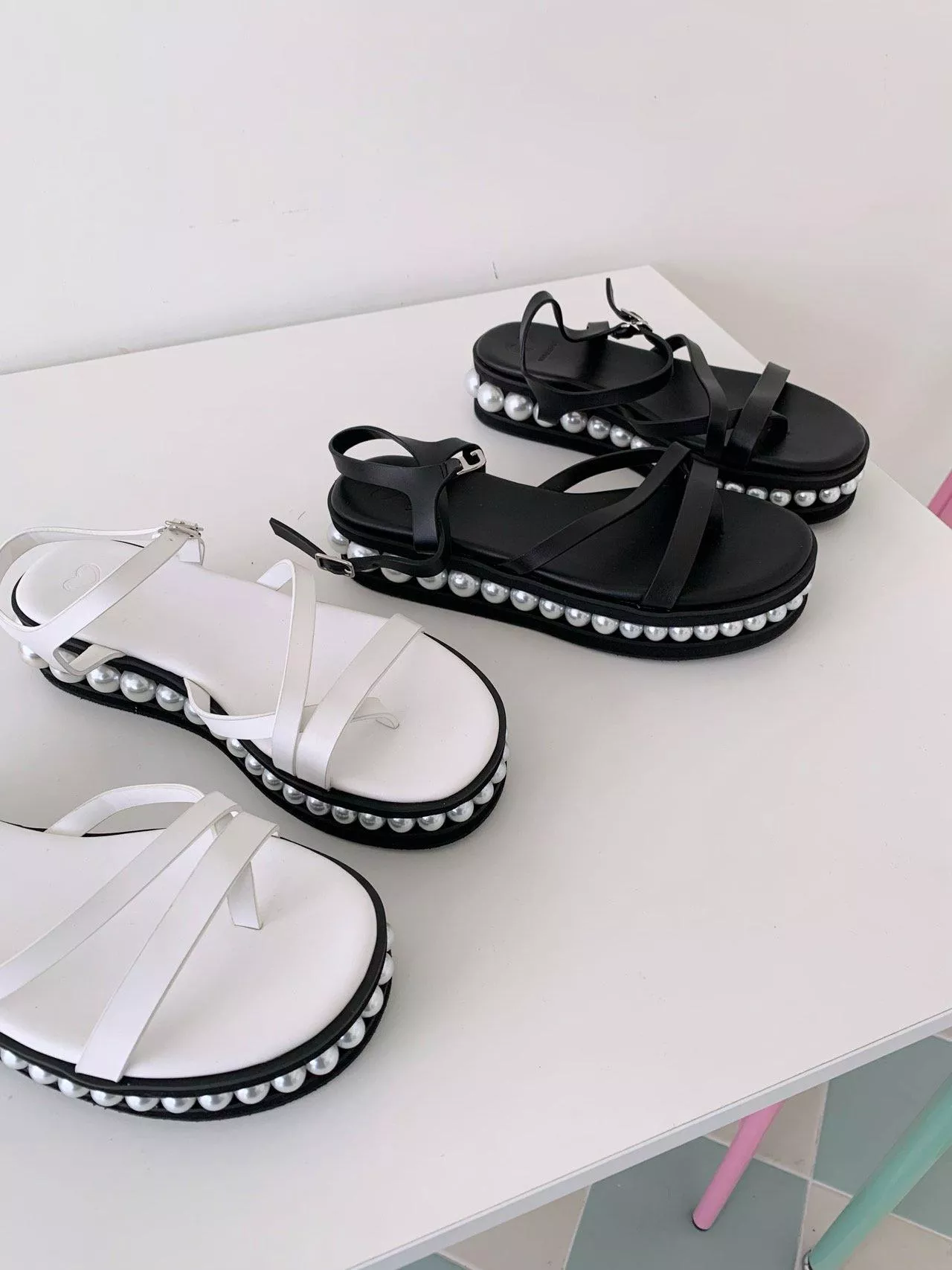 甜美大珍珠滾邊厚底涼鞋 #2030