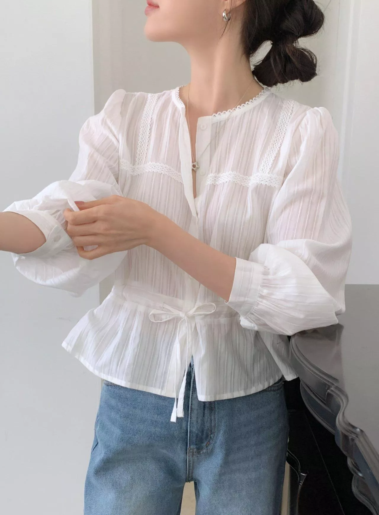 收腰裙擺式蕾絲邊竪紋理襯衫 #97422226