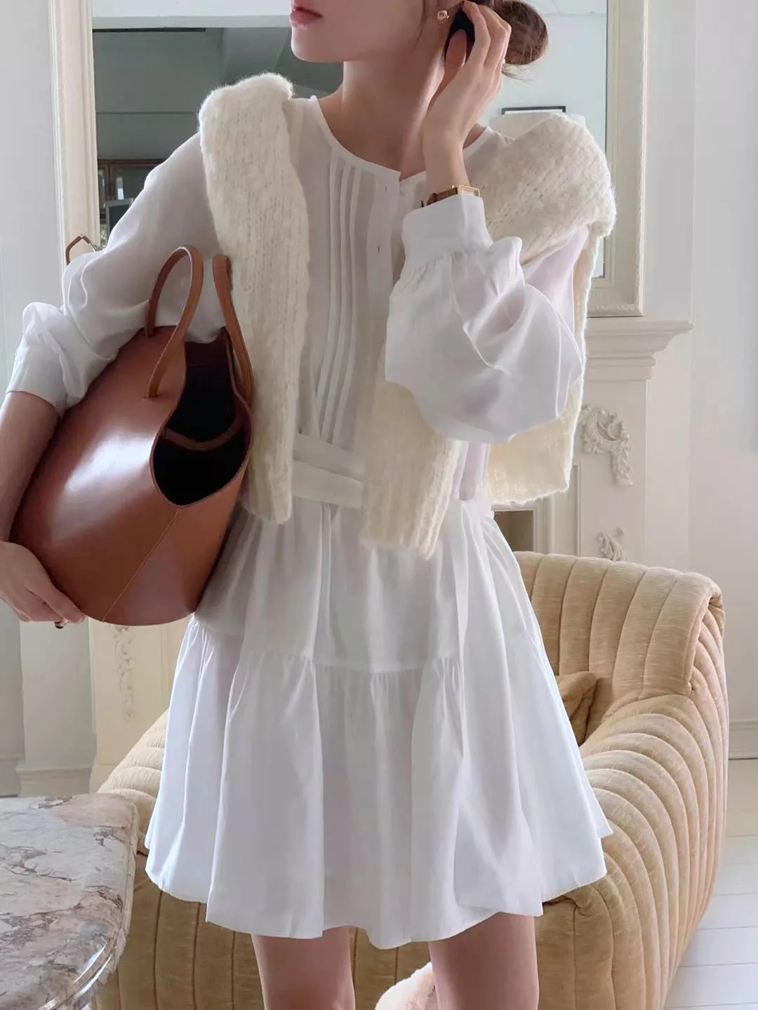 甜美清純壓褶開釦蛋糕裙繫帶洋裝 #97031124