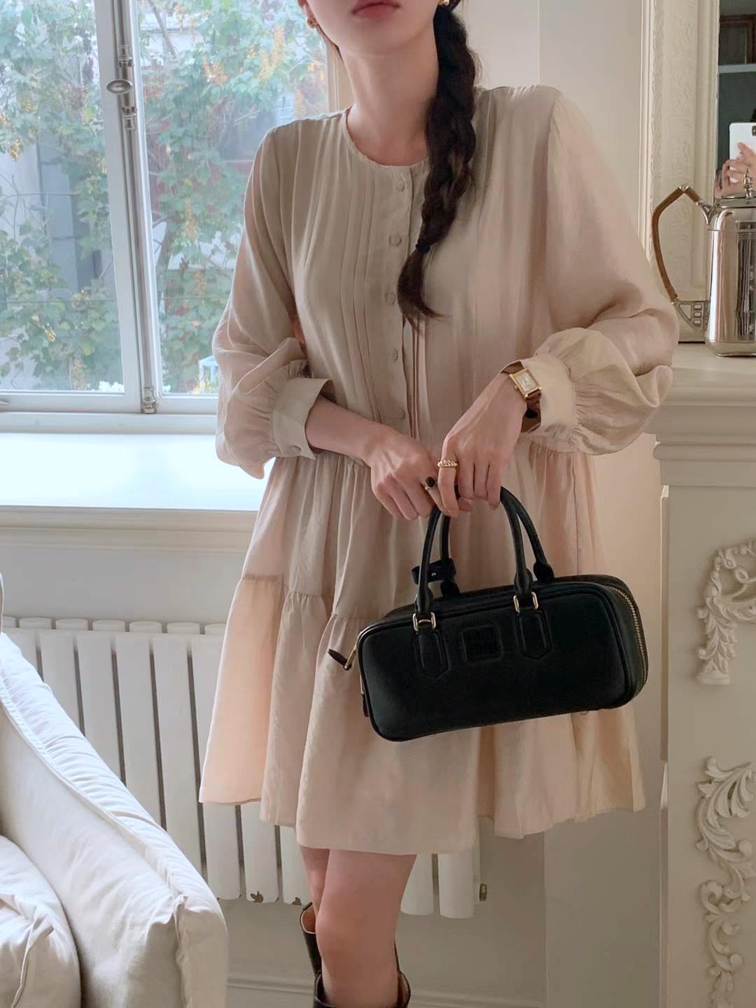 甜美清純壓褶開釦蛋糕裙繫帶洋裝 #97031124