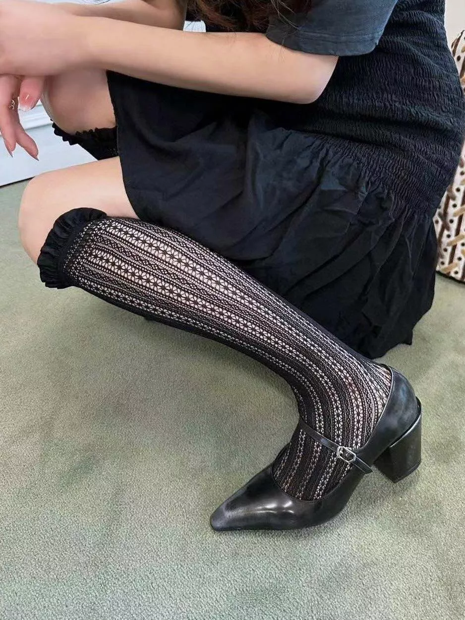🌵洛可可捲邊透膚蕾絲小腿襪 鞋子搭配
