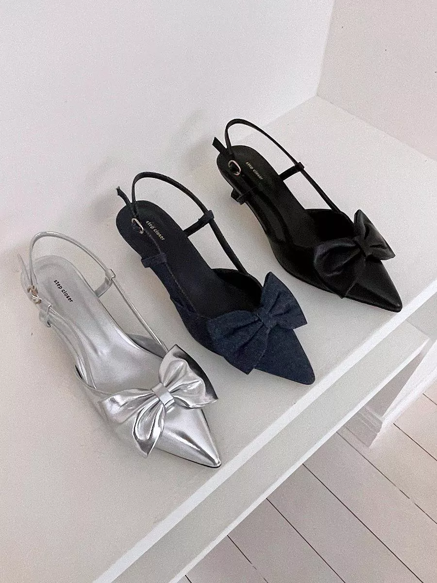 大蝴蝶結後空帶中跟鞋 #1804