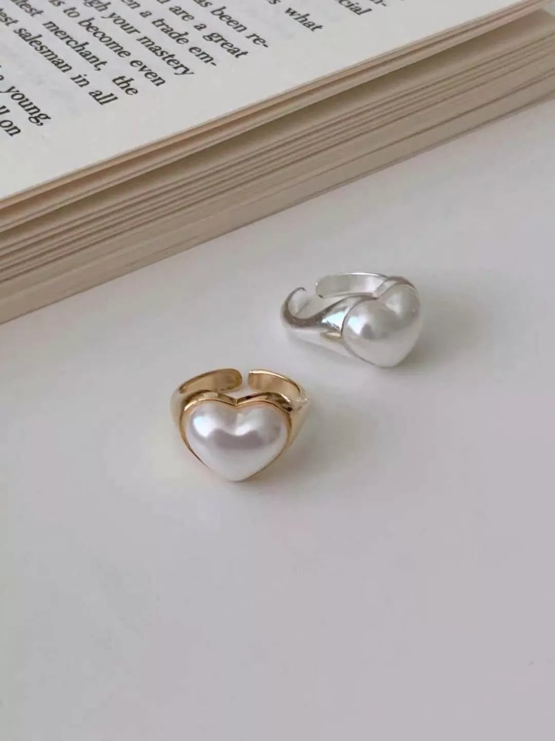 大顆珍珠愛心開口戒指 #R011