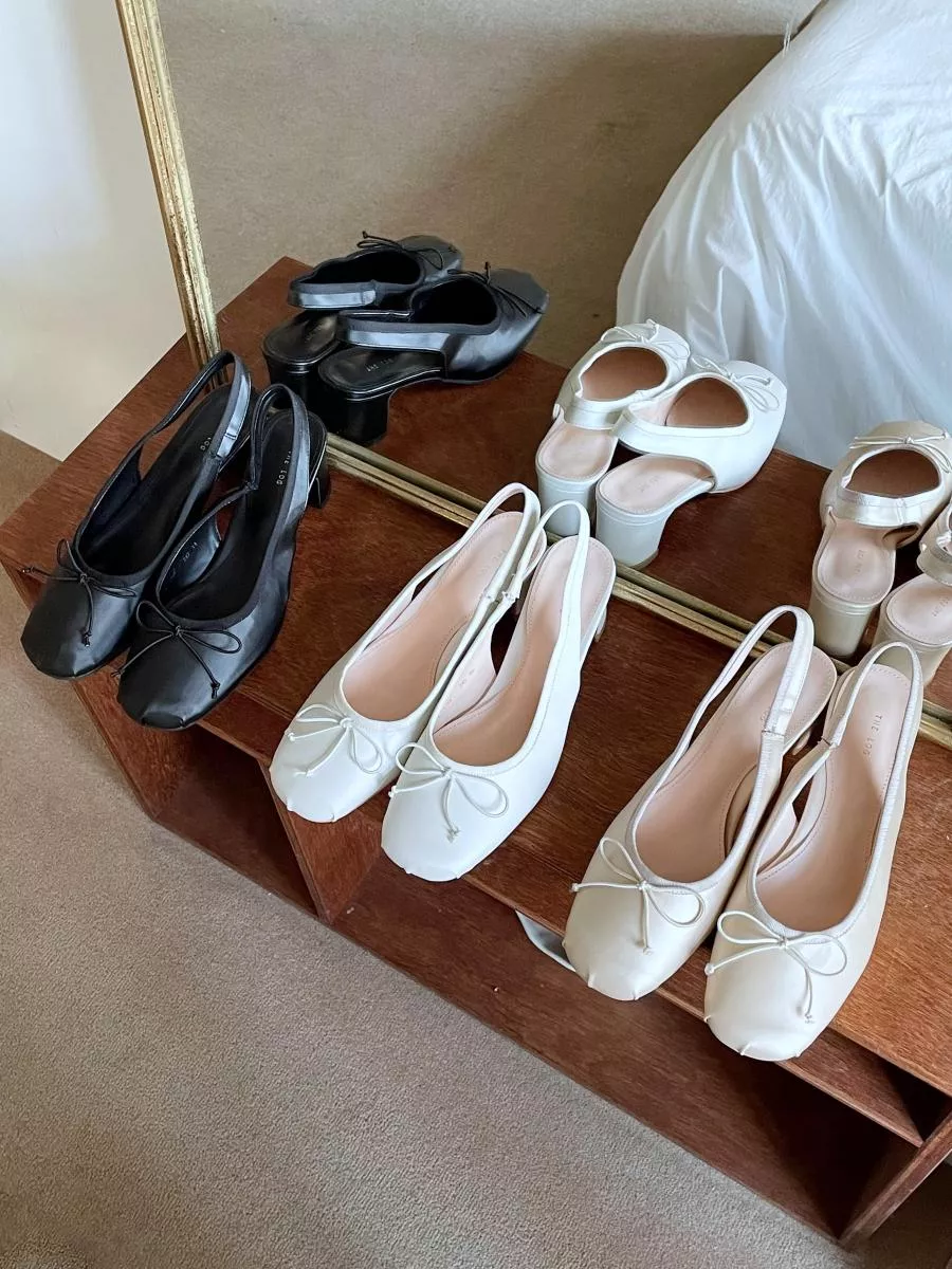 微褶皺蝴蝶結方頭中跟鞋 #1154