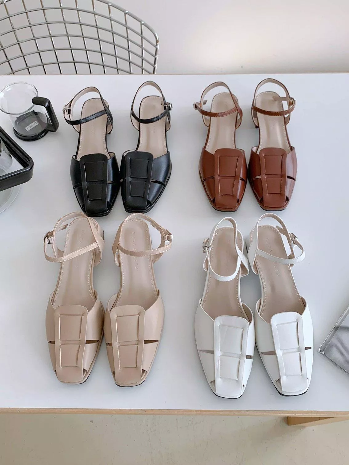 寬版編織帶後空繞踝搭釦平底涼鞋 #5373