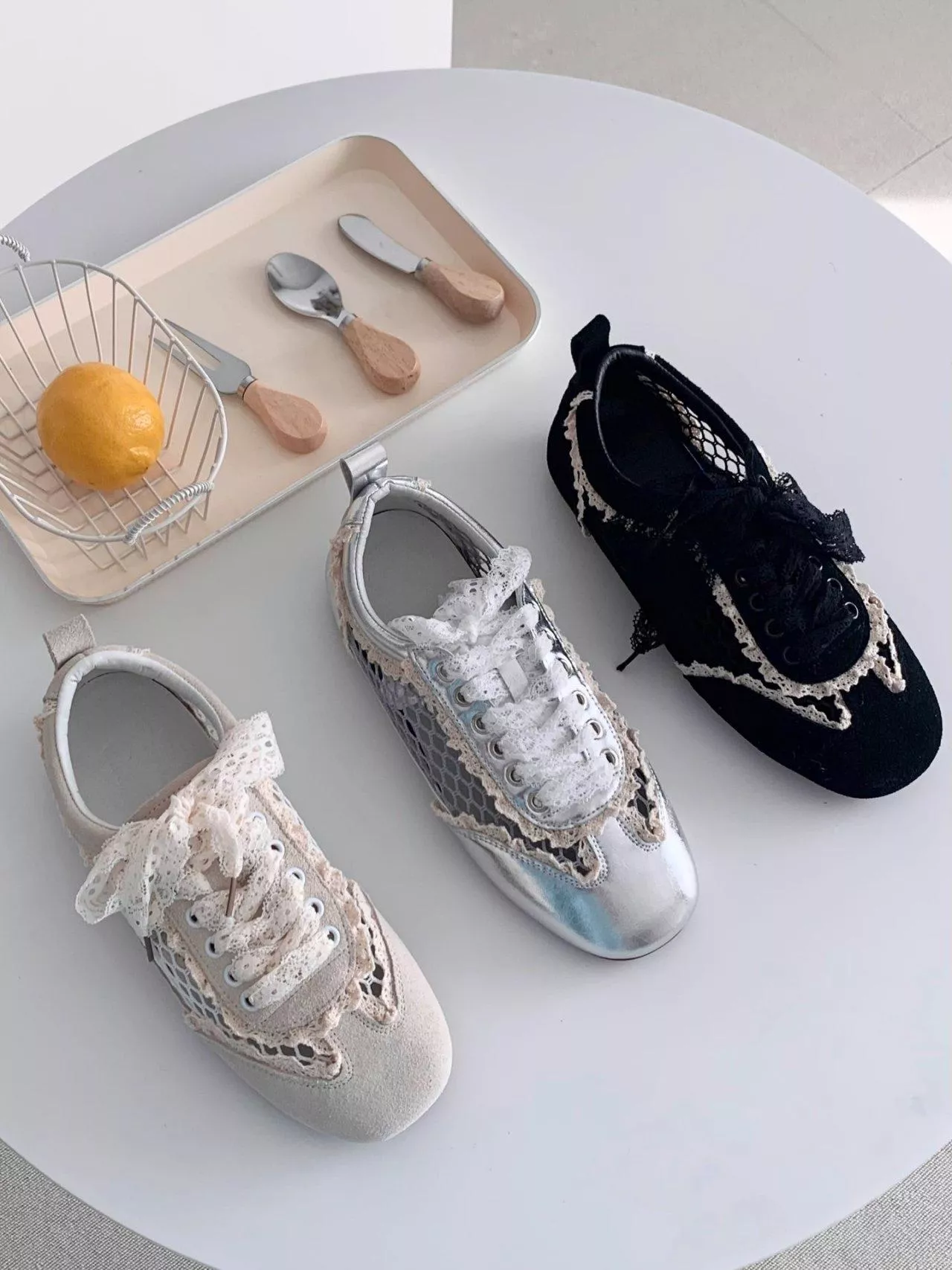 網眼蕾絲繫帶牛皮休閒鞋 #508