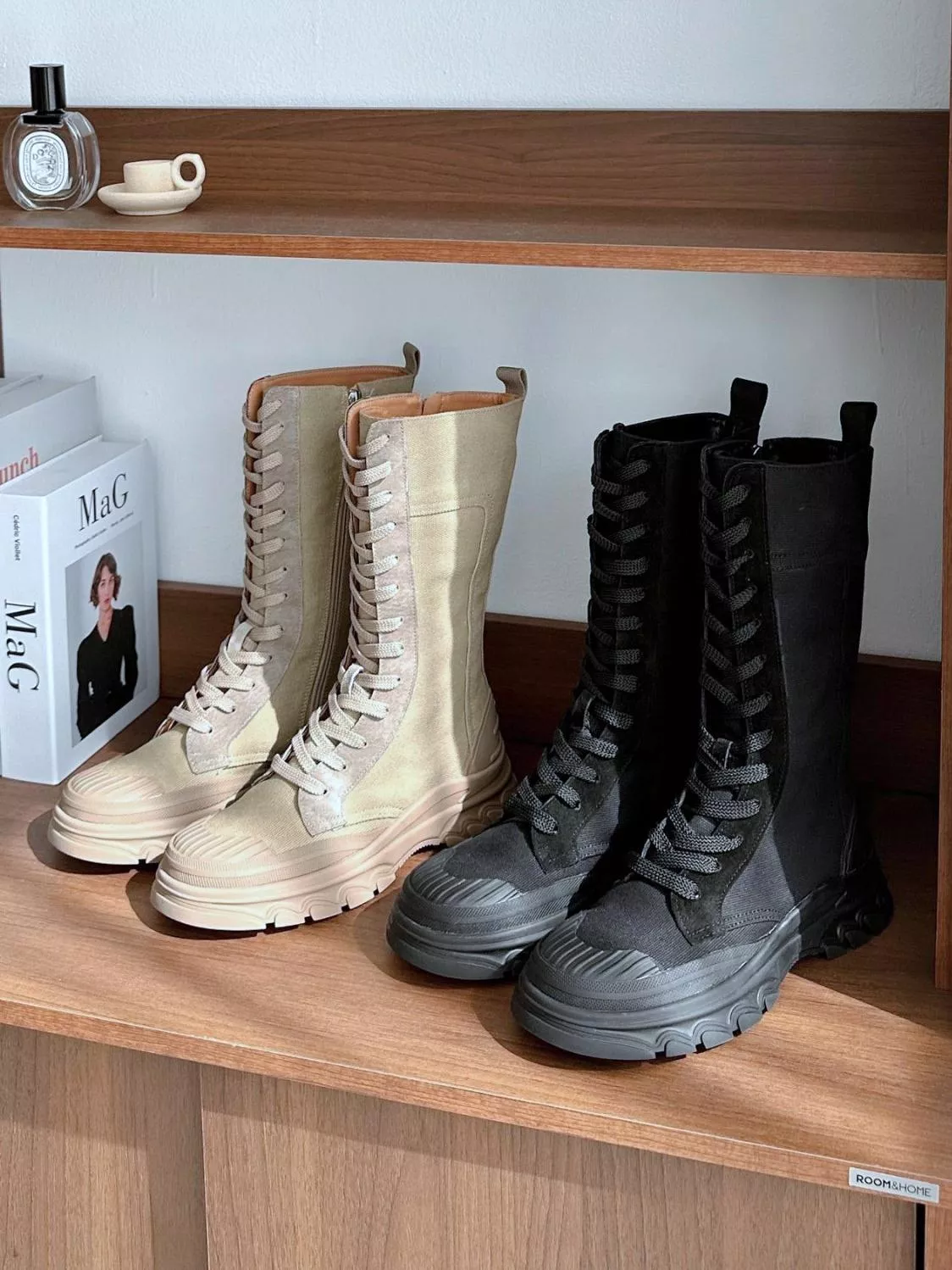 異材質牛皮拼帆布中筒軍靴 #385