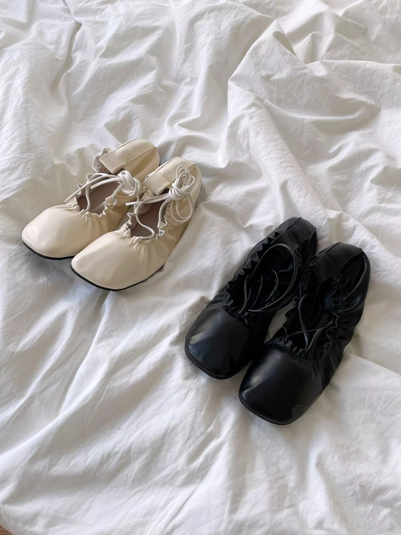 皺褶邊交叉繫帶芭蕾舞平底鞋 #3207