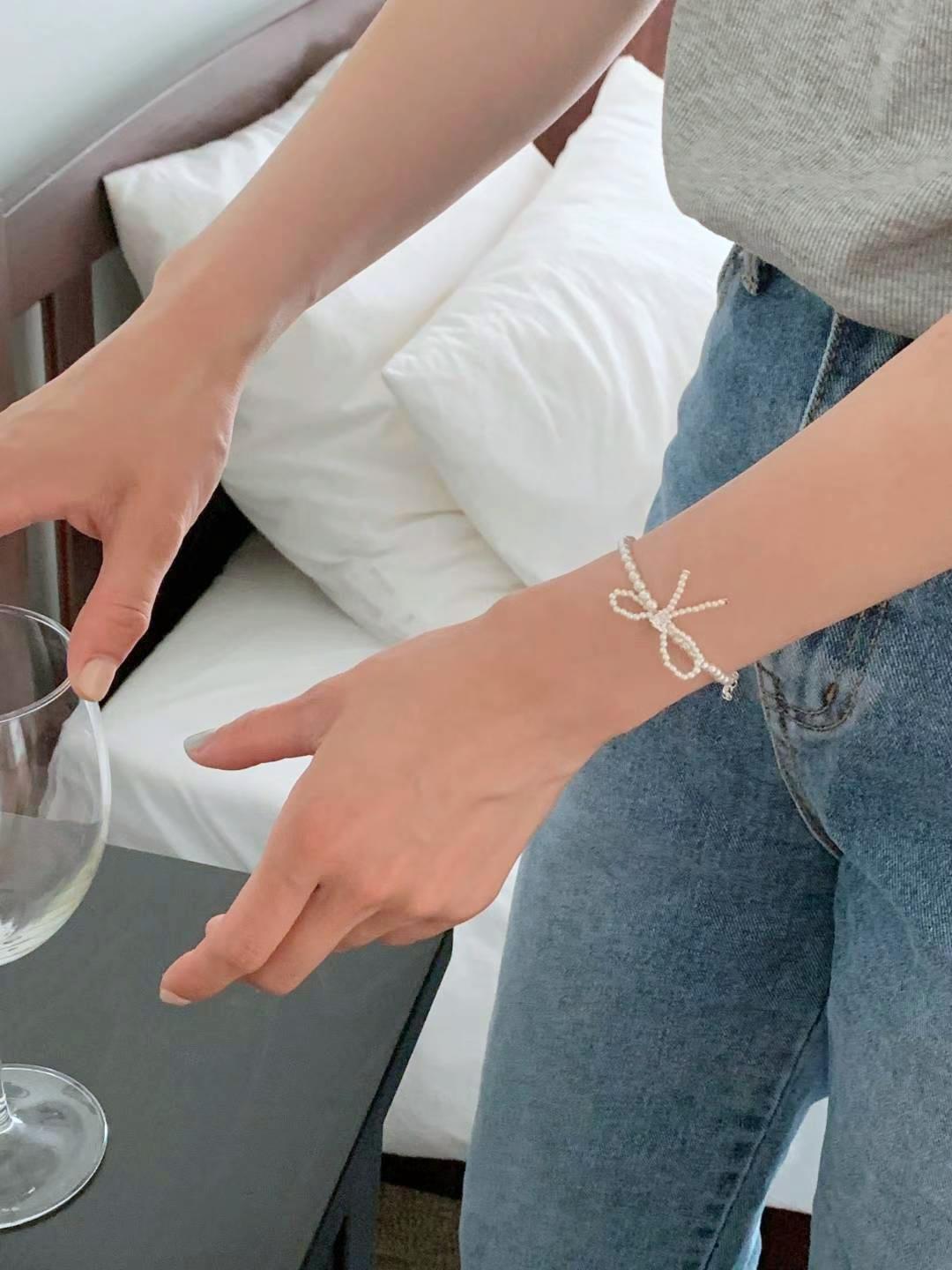 甜美水鑽蝴蝶結珍珠手鏈 #BR099