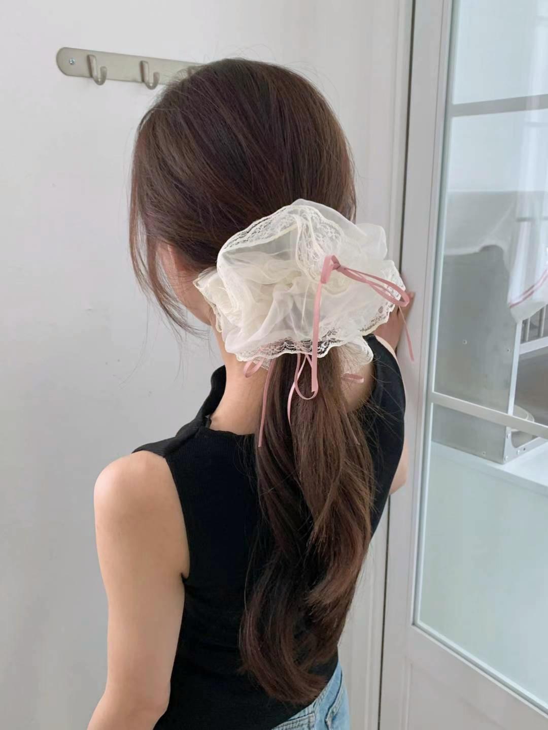 甜美蝴蝶結蕾絲邊大腸髮圈 #H775