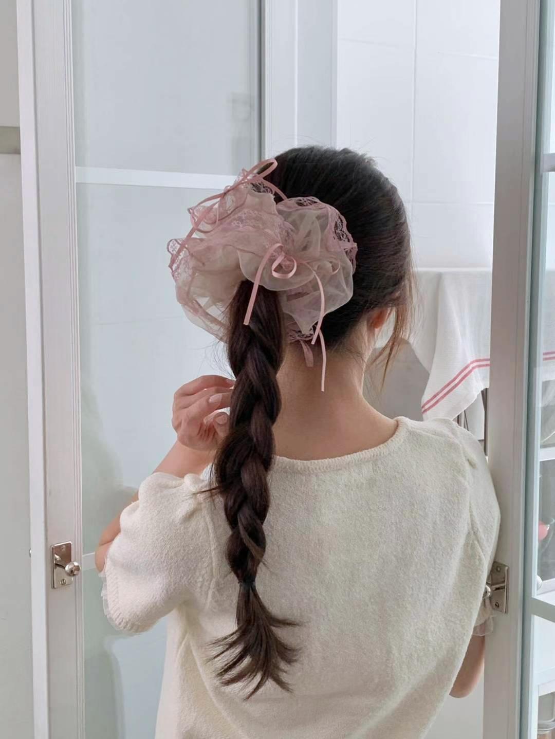 甜美蝴蝶結蕾絲邊大腸髮圈 #H775