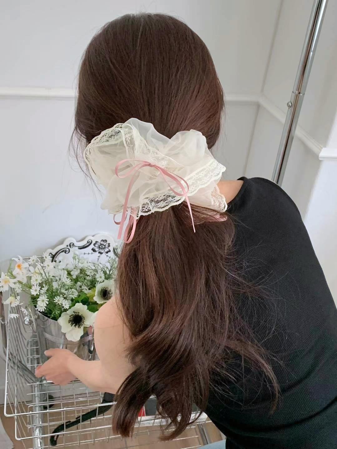 甜美蝴蝶結蕾絲邊大腸髮圈 #H775