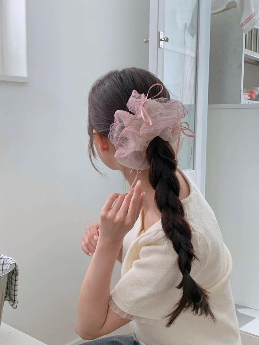 甜美蝴蝶結蕾絲邊大腸髮圈 #H775