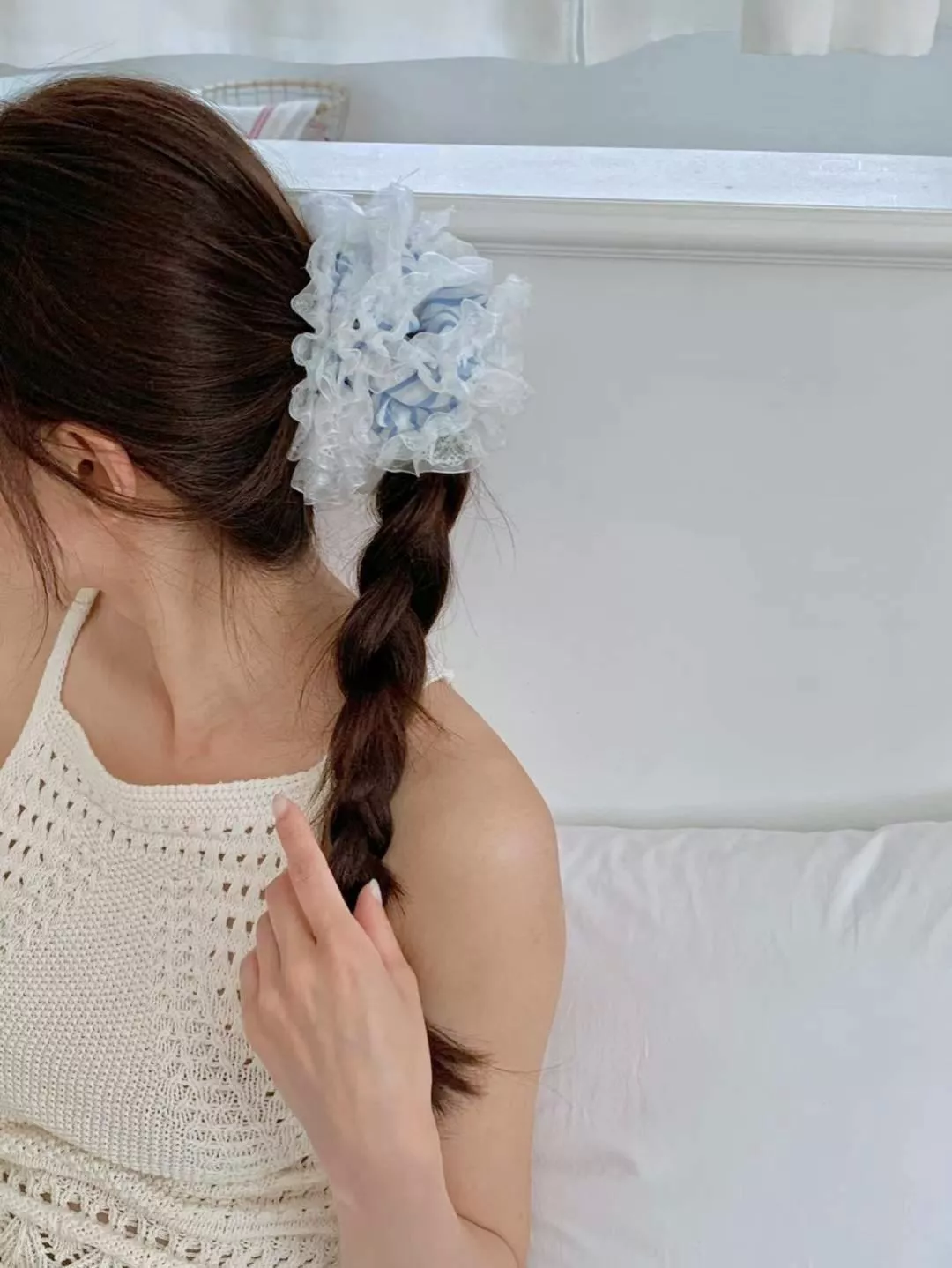 海洋條紋澎澎蕾絲邊大腸髮圈 #H798