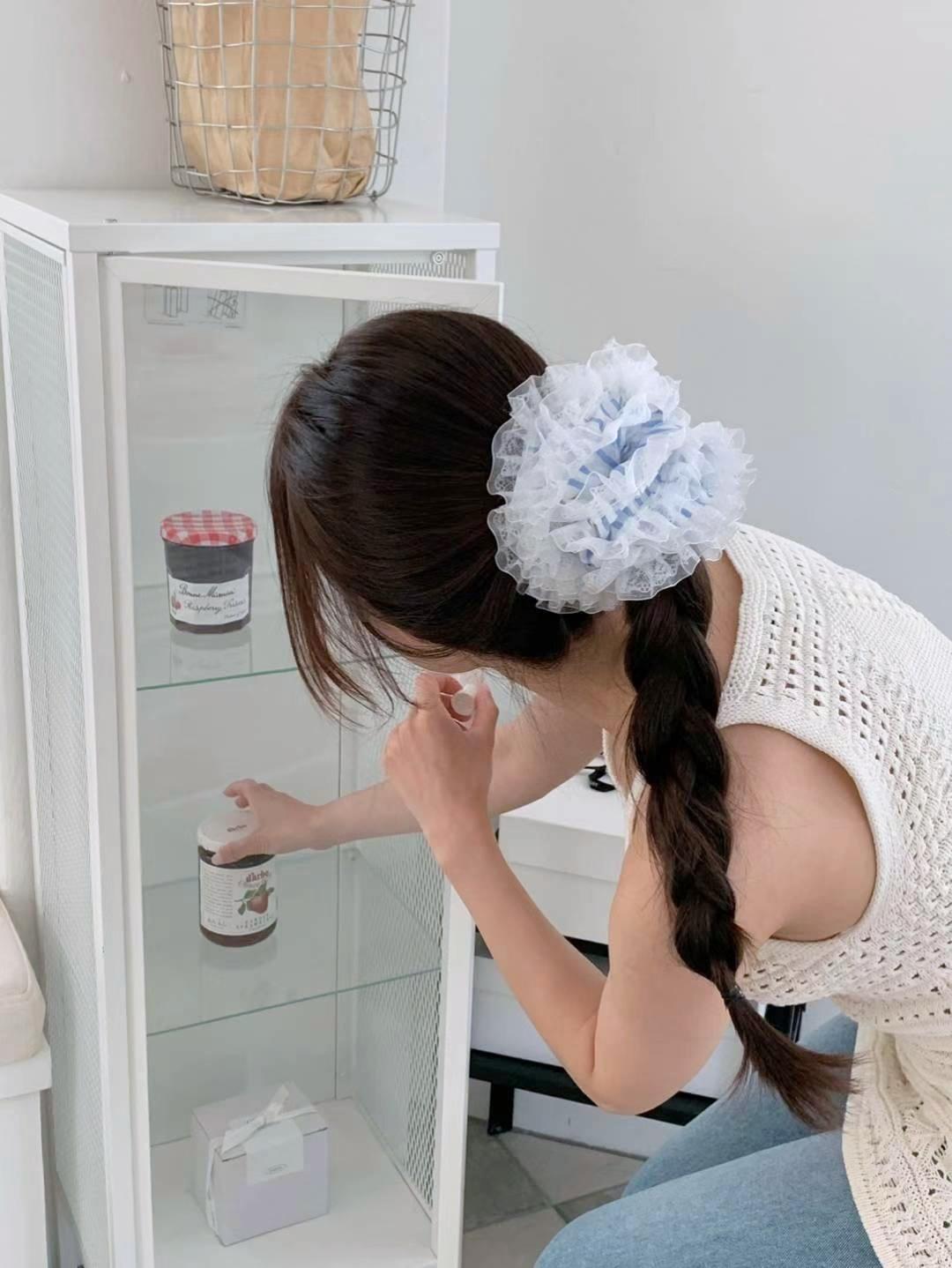 海洋條紋澎澎蕾絲邊大腸髮圈 #H798