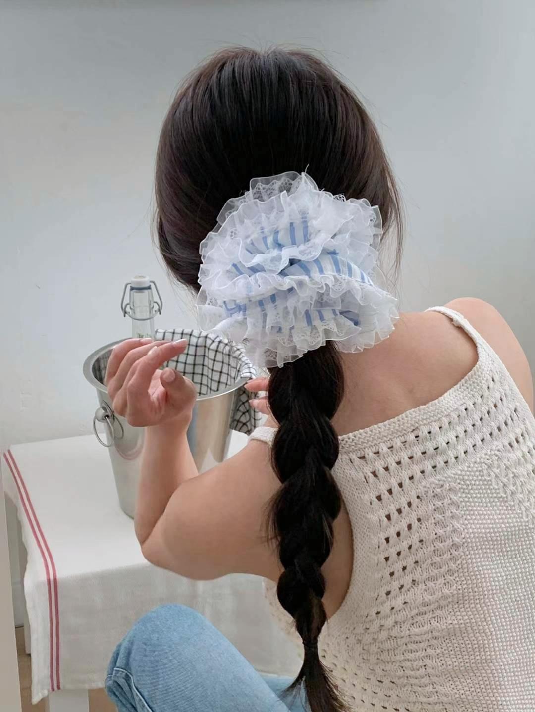 海洋條紋澎澎蕾絲邊大腸髮圈 #H798