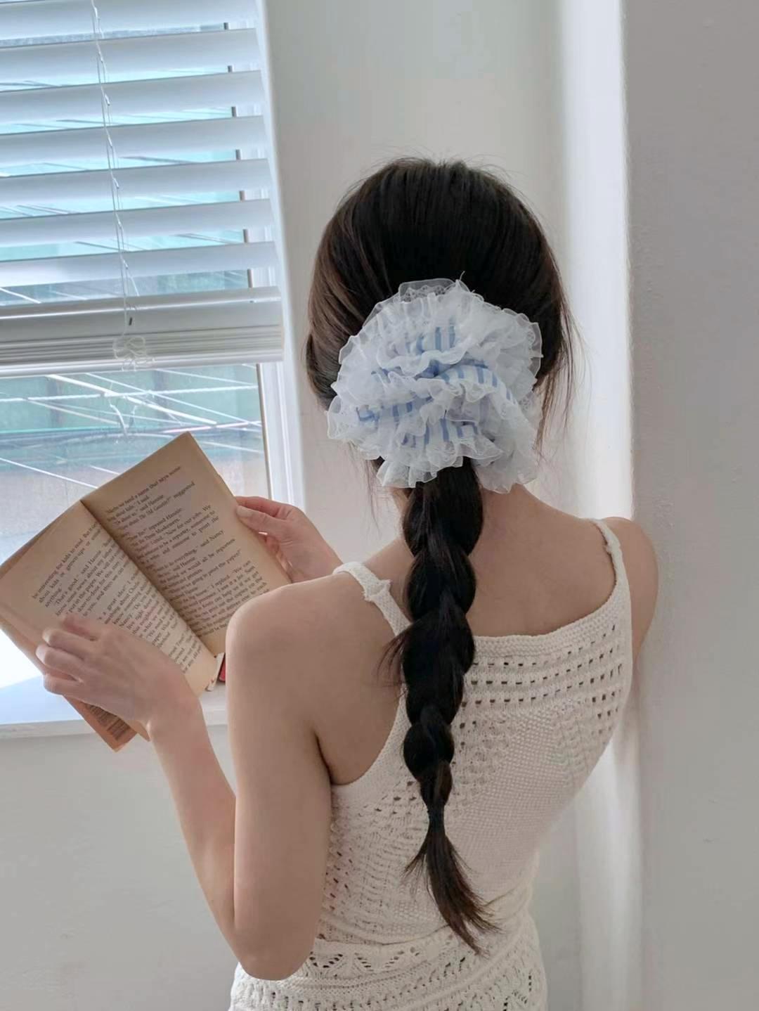 海洋條紋澎澎蕾絲邊大腸髮圈 #H798