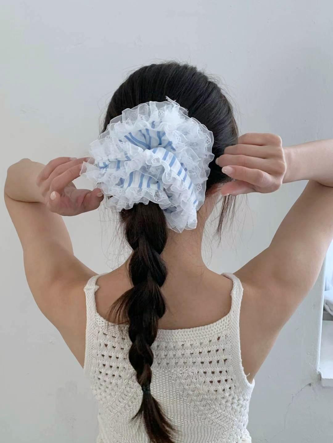 海洋條紋澎澎蕾絲邊大腸髮圈 #H798