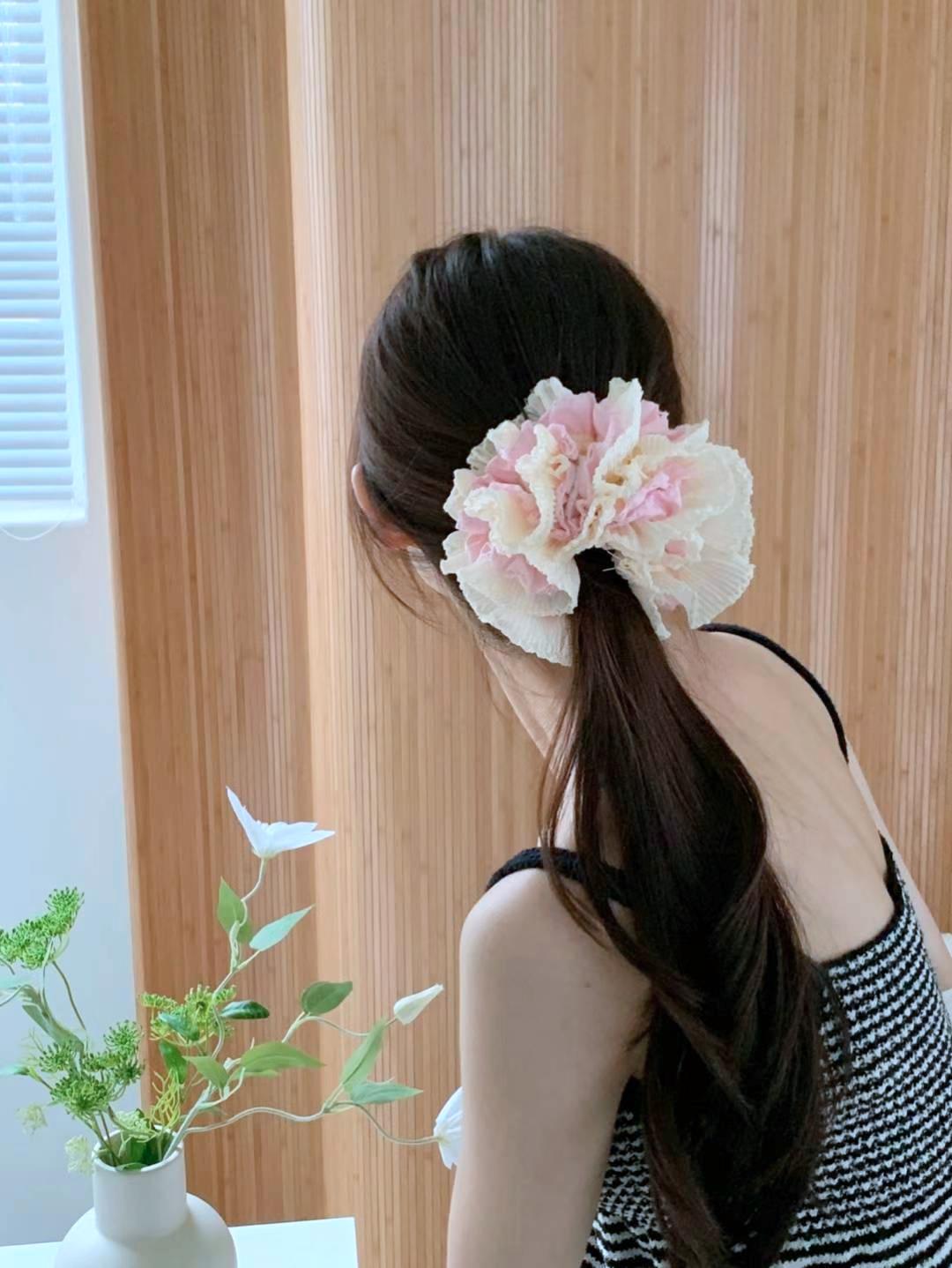 配色壓褶邊格子雙層大腸髮圈 #H771