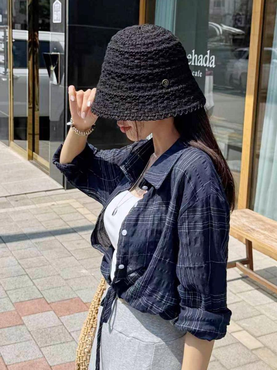 側邊金屬標後開叉編織紋漁夫帽 #97735824